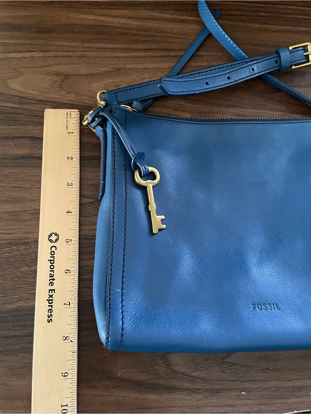 Fossil Navy Leather Crossbody Bag with Gold Hardware